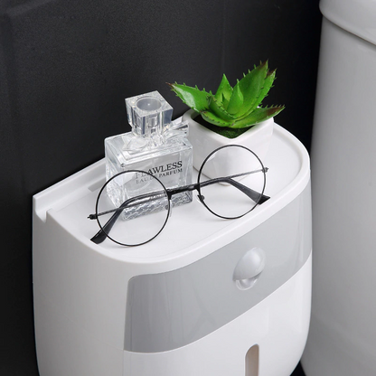 Wall-mount waterproof toilet paper holder with white lid and open storage tray
