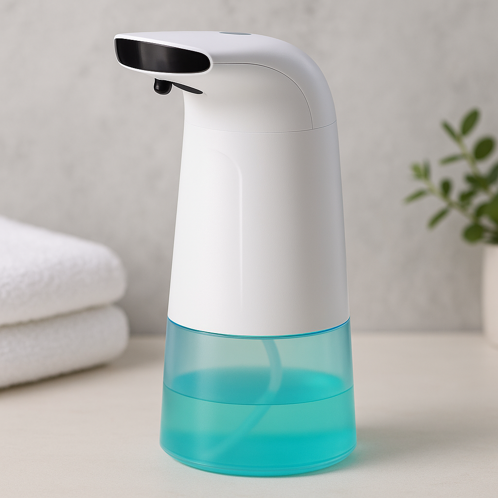 Automatic touchless foam soap dispenser, white body with blue translucent reservoir