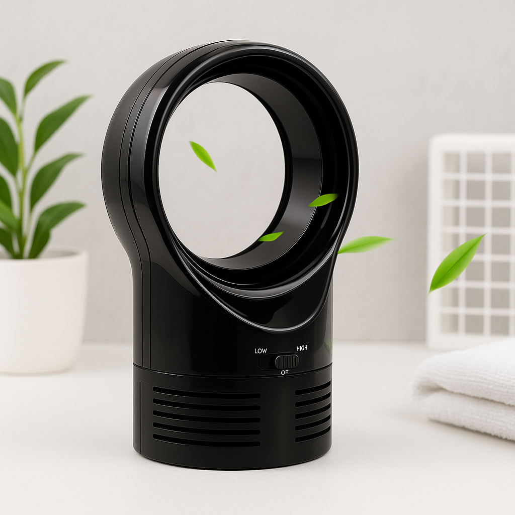 Black bladeless desktop cooling fan with circular air intake ring and control buttons