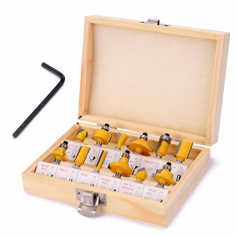 Wood trimmer router bit kit in wooden case with guide wrench