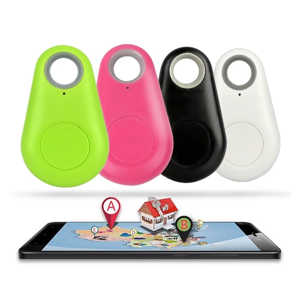Bluetooth tracker tags with lanyard holes: green, pink, black, white.