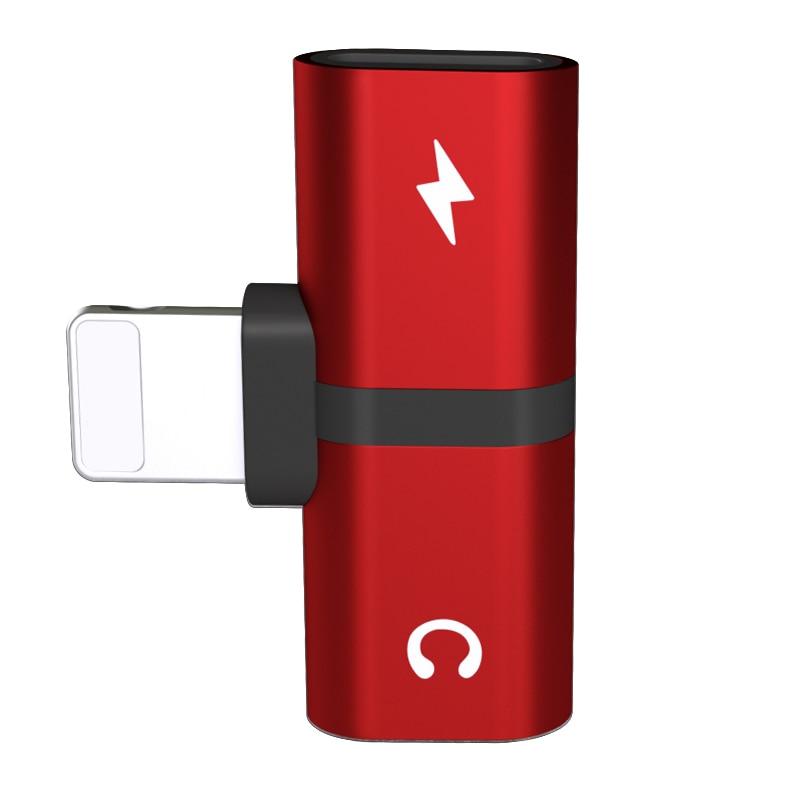 Red 2-in-1 audio & charging adapter with audio icon and power bolt, side port.