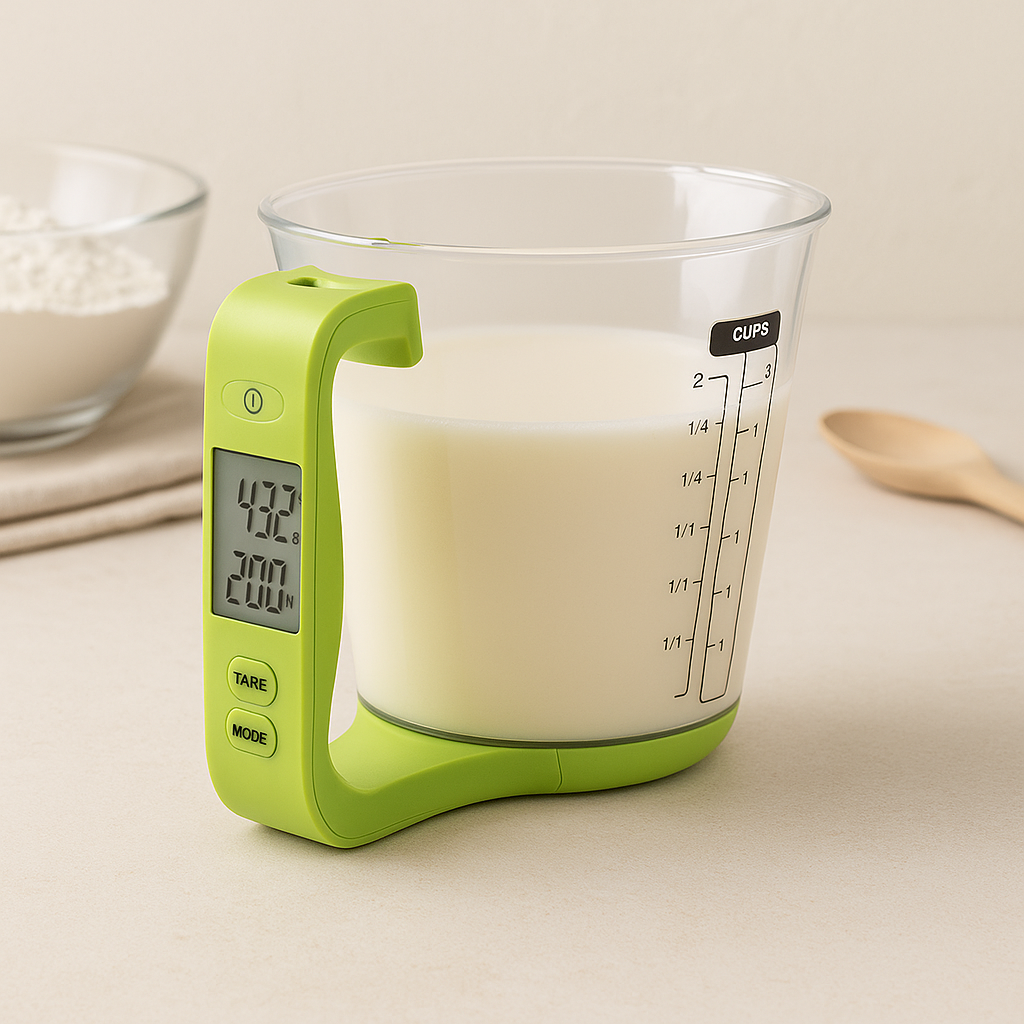 Green digital LCD measuring cup scale with cup markings and side display
