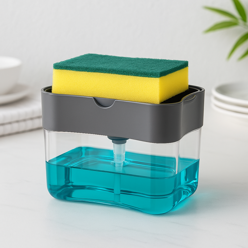 Double layer sponge and soap rack with yellow and green sponge on top, grey frame and blue base
