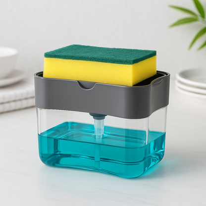 Double layer sponge and soap rack with yellow and green sponge on top, grey frame and blue base