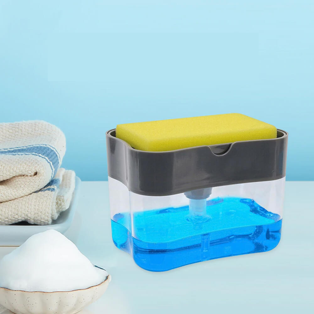Double layer sponge and soap rack with yellow sponge and blue base on countertop, grey frame