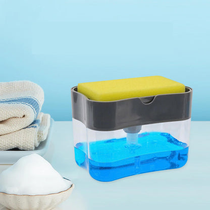 Double layer sponge and soap rack with yellow sponge and blue base on countertop, grey frame