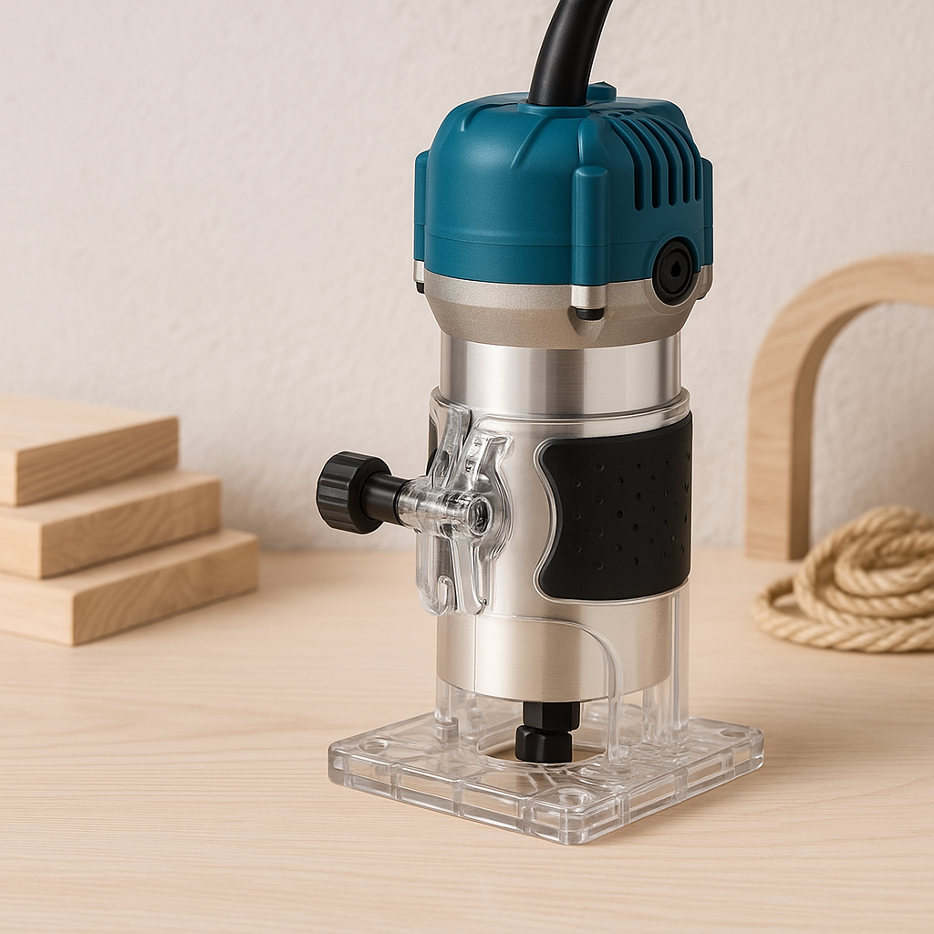 Electric wood edge trimmer router with teal top and transparent base