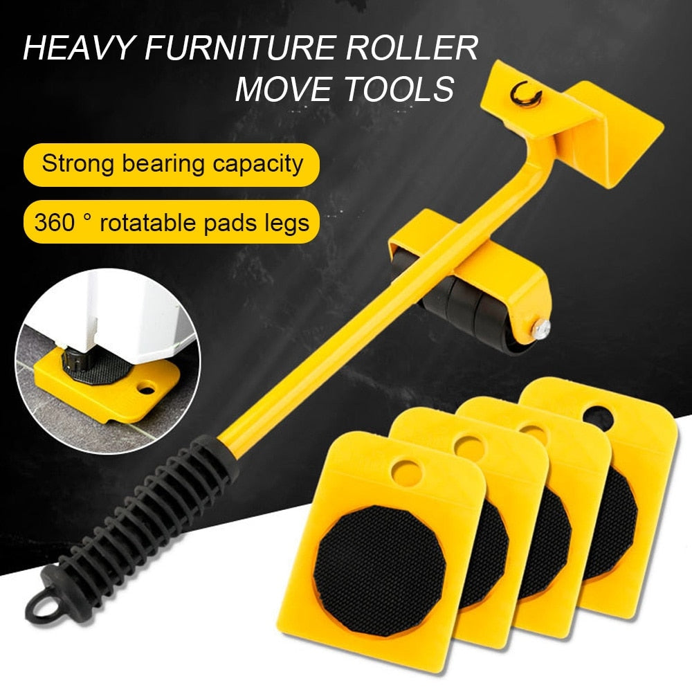 Yellow heavy furniture roller move tool with lever handle, roller wheel, and three square pads