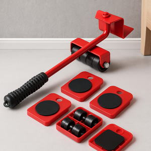 Red furniture moving tool kit with lever lifter, roller wheels, and four square pads