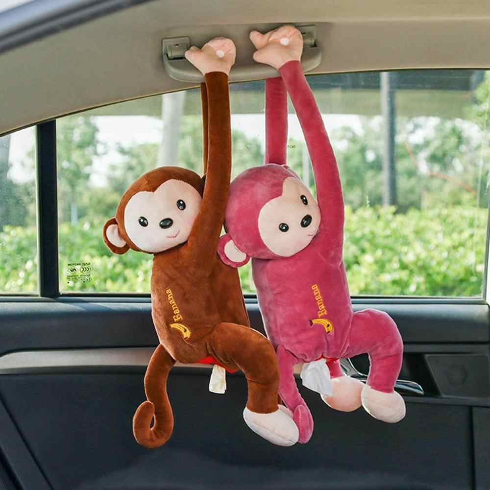 Hanging plush monkey tissue holder, brown and pink monkeys with tissue pouch in car