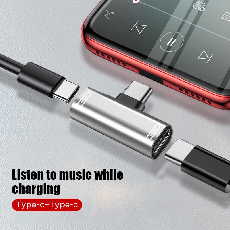 2-in-1 audio and charging adapter with USB-C input and audio output, silver/black