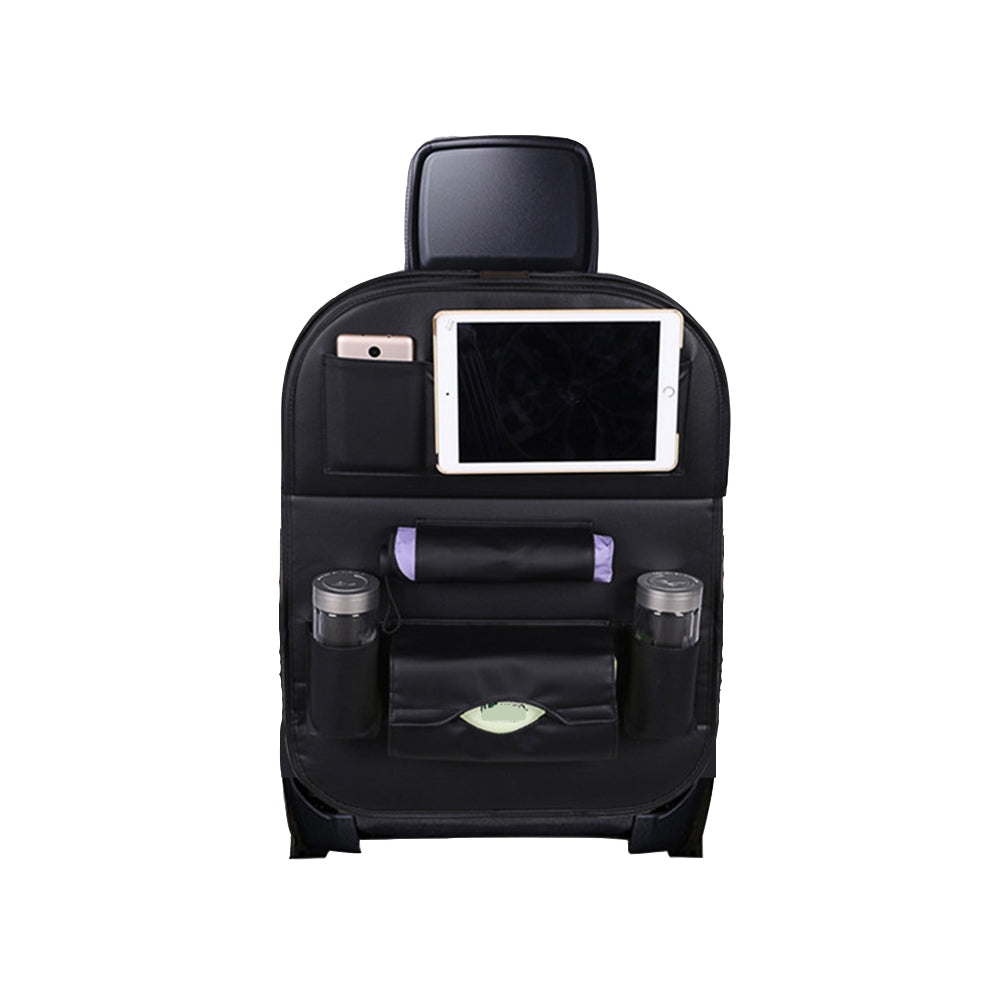 Car seat organizer with tray in black leather with top tablet window and cup bottle holders.