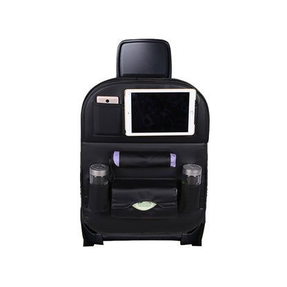 Car seat organizer with tray in black leather with top tablet window and cup bottle holders.