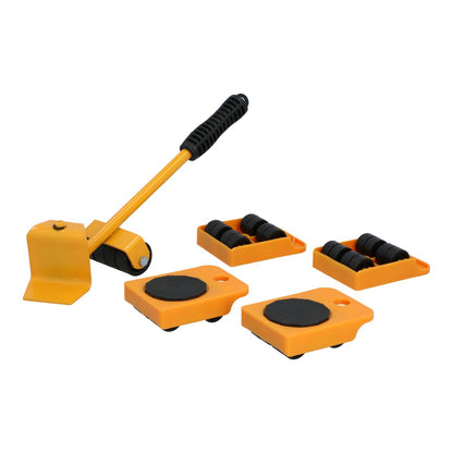 Yellow furniture moving roller tool set with lever, four square pads, and spare wheel blocks