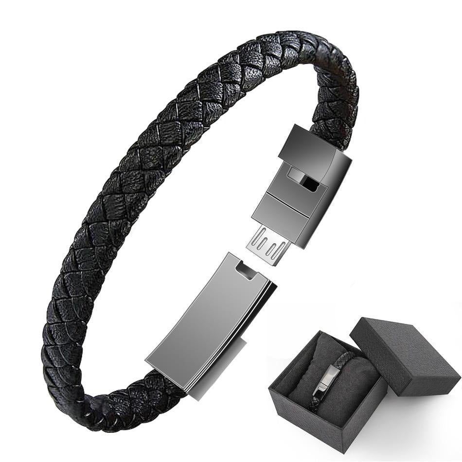 Black braided leather USB bracelet charger with USB plug and open gift box.