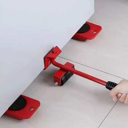 Red furniture mover tool with lever lifter, roller wheel, and two square pads