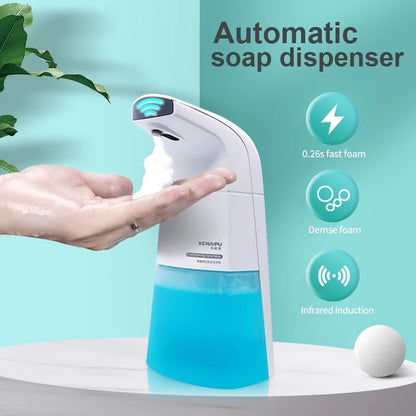 Automatic touchless foam soap dispenser with blue base, hands under infrared sensor