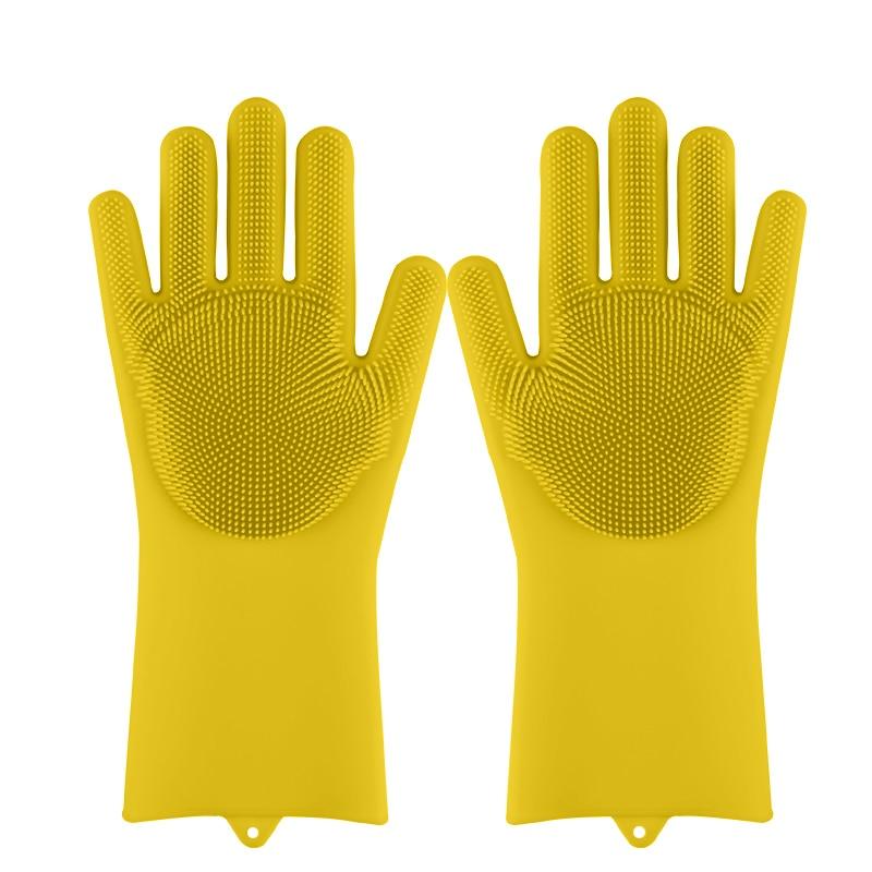 Pair of yellow silicone dishwashing gloves with raised scrub dots on palms