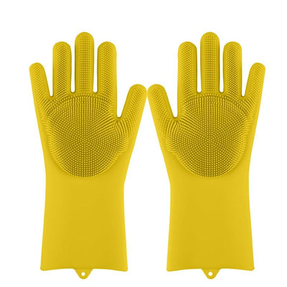 Pair of yellow silicone dishwashing gloves with raised scrub dots on palms