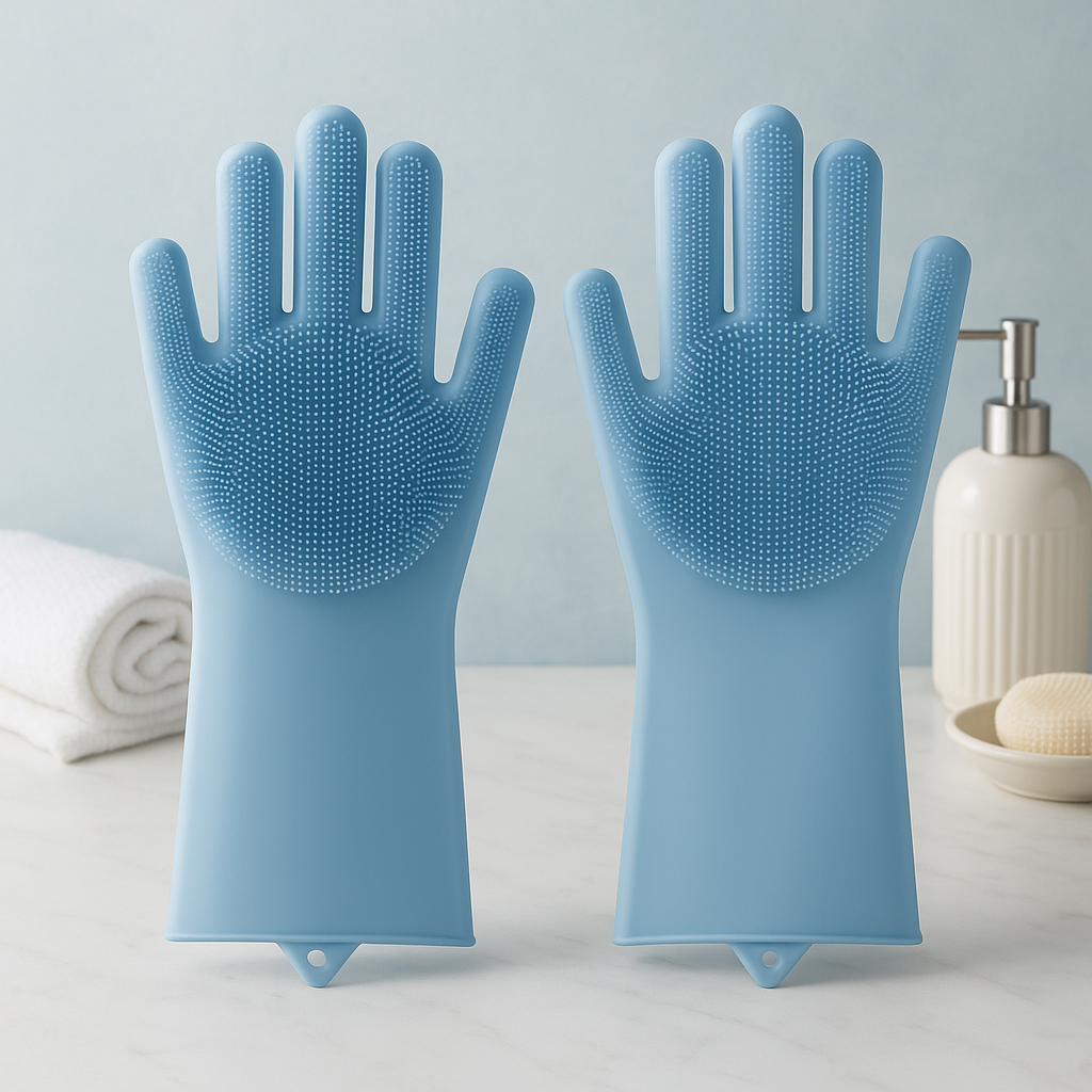 Pair of light blue silicone dishwashing gloves with raised scrub dots on palm