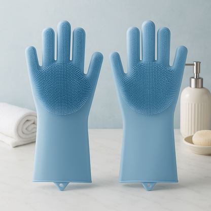 Pair of light blue silicone dishwashing gloves with raised scrub dots on palm
