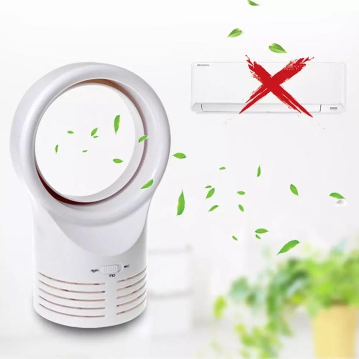 White bladeless desktop cooling fan with front vent grille and circular airflow ring
