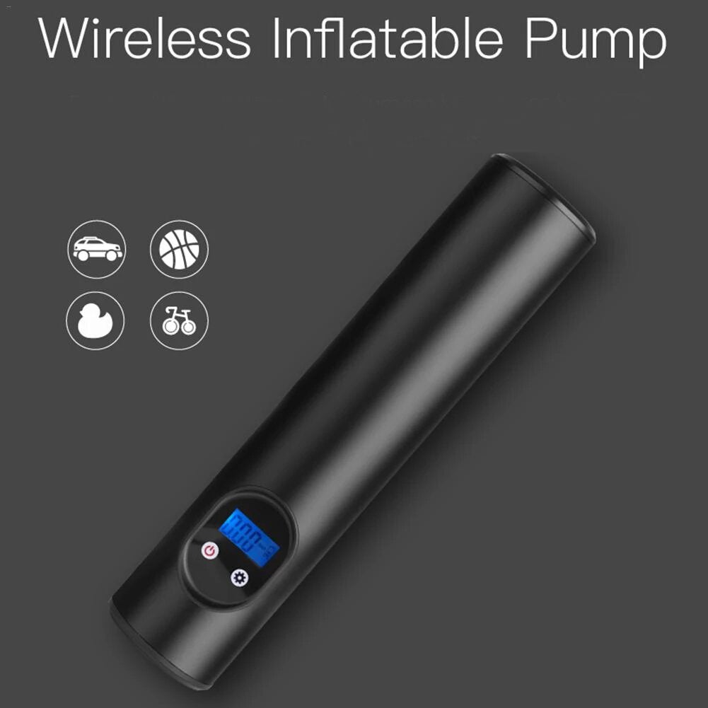Mini tire air pump lying down, black with blue 250 digital screen