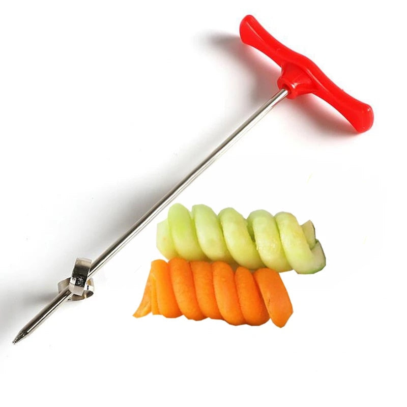 Spiral potato cutter with red handle, metal rod, and spiraled potato slices in green and orange