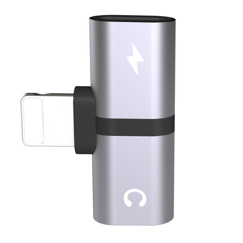 Gray 2-in-1 audio & charging adapter with audio icon and power bolt, side port.