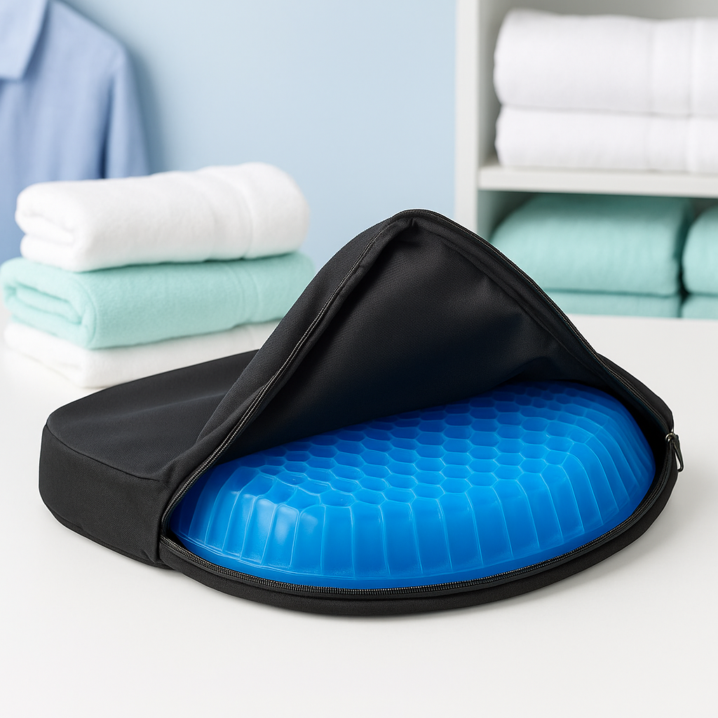 Black fabric-covered egg seat cushion with blue hex-pattern silicone insert