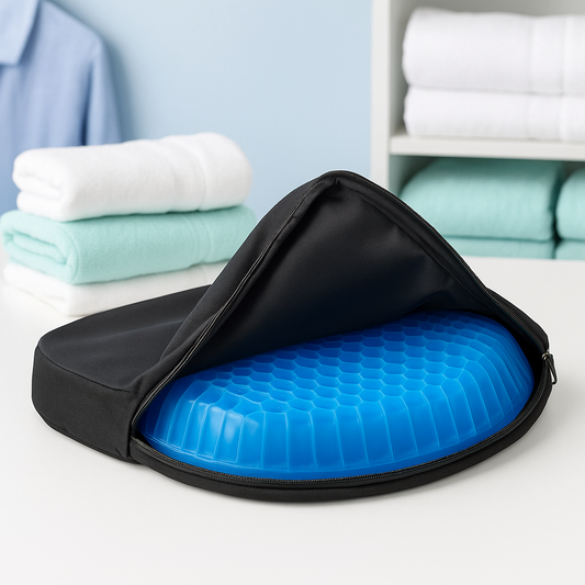 Black fabric-covered egg seat cushion with blue hex-pattern silicone insert