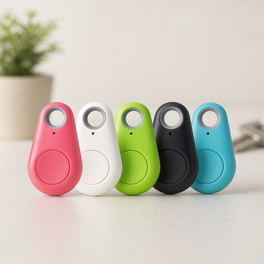 Bluetooth tracker tags with lanyard holes: pink, white, green, black, blue.