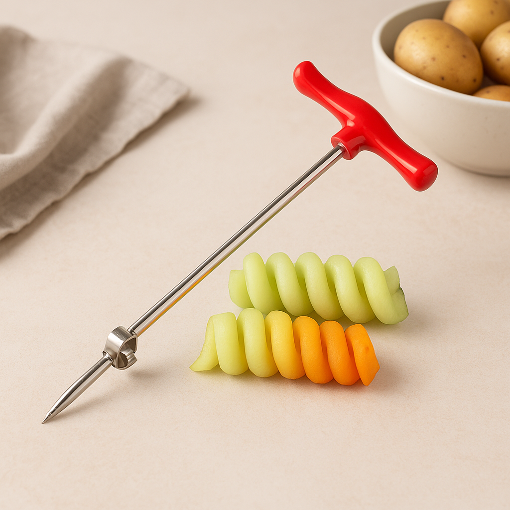 Spiral potato cutter with red handle and metal rod, creating green and orange spirals