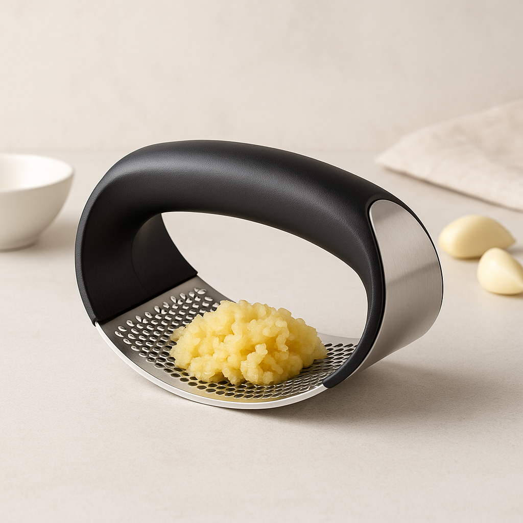 Black and stainless garlic press basket for mincing garlic cloves