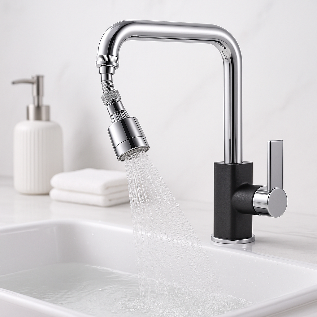 Chrome faucet splash guard filter attachment with black diverter and fine spray head
