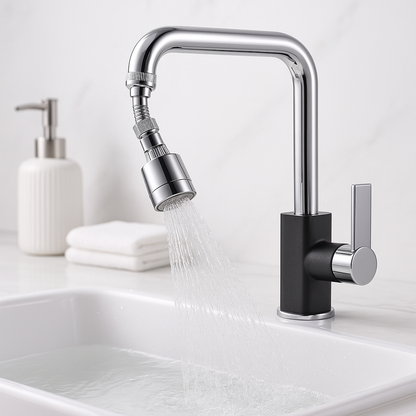 Chrome faucet splash guard filter attachment with black diverter and fine spray head
