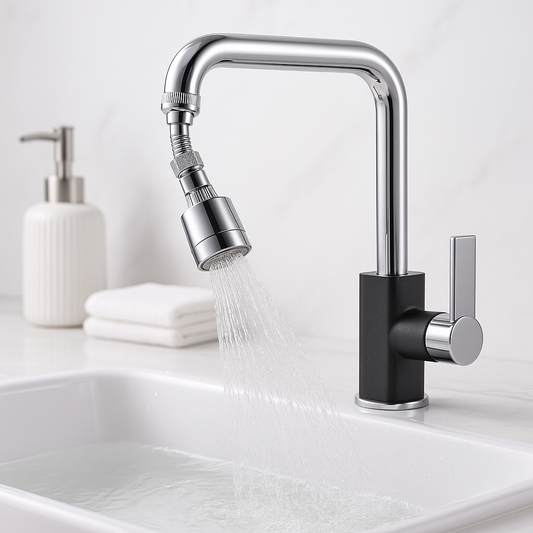 Chrome faucet splash guard filter attachment with black diverter and fine spray head