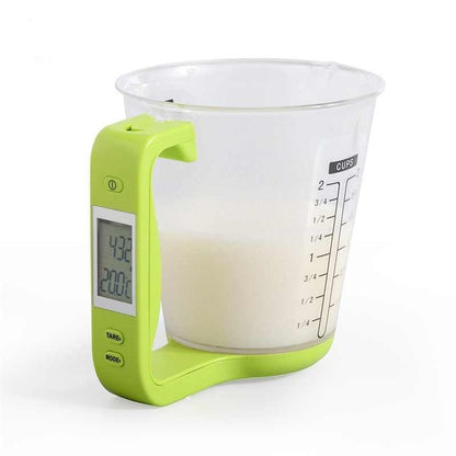 Green digital LCD measuring cup scale, showing cup scale and LCD screen
