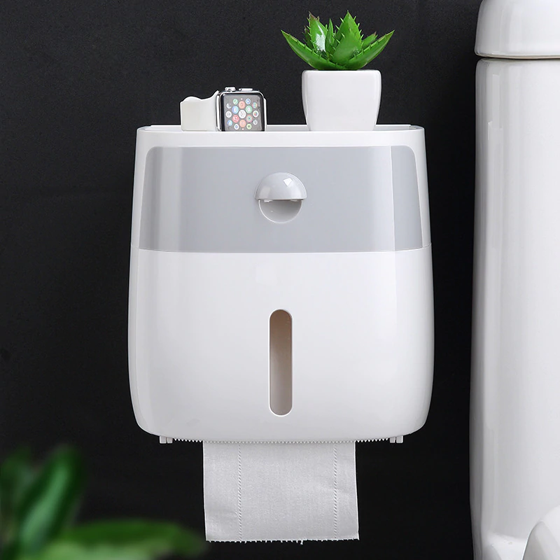 Wall-mount waterproof toilet paper holder with top storage bin and front paper slot
