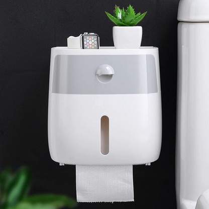 Wall-mount waterproof toilet paper holder with top storage bin and front paper slot