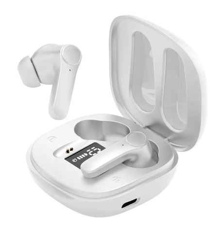 White wireless Bluetooth translator earbuds with open charging case and lid