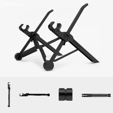 Black adjustable laptop stand kit with included parts and instruction-style layout