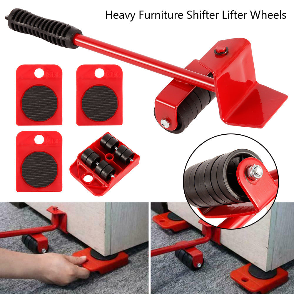 Red lever lifter with roller wheel and four square base pads, plus wheel blockers