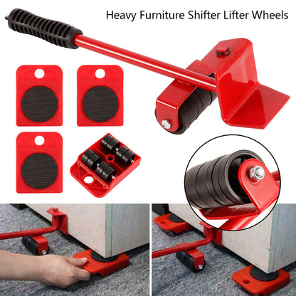 Red lever lifter with roller wheel and four square base pads, plus wheel blockers