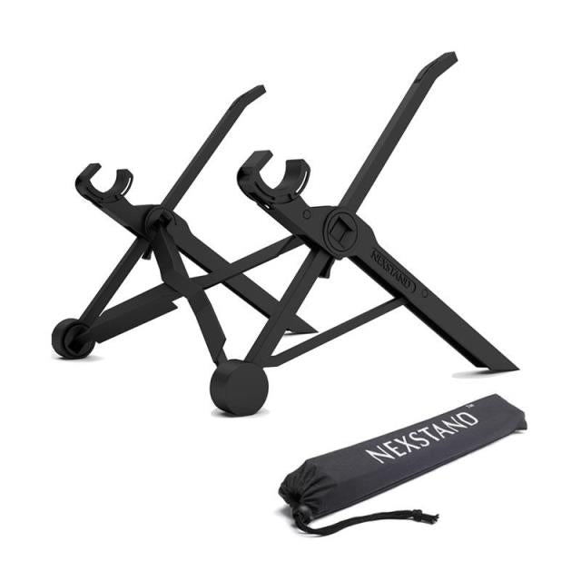 Black foldable adjustable laptop stand with legs and clamp, with carrying bag