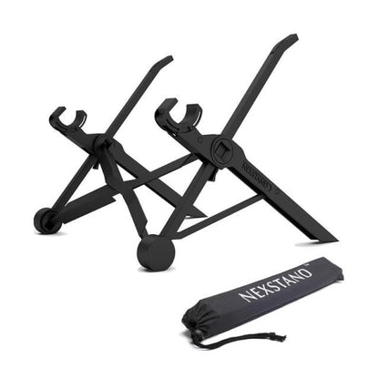 Black foldable adjustable laptop stand with legs and clamp, with carrying bag