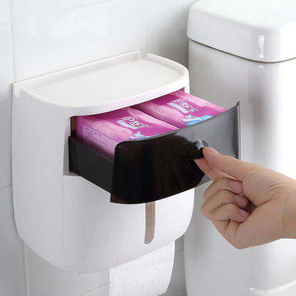 Wall-mount waterproof toilet paper holder with black top and open front for roll access
