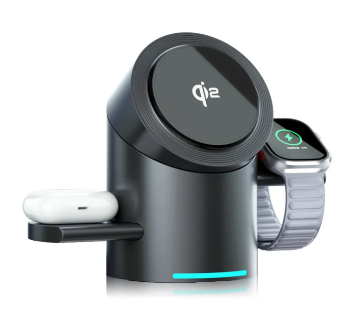 3-in-1 charging station with circular top and watch and earbuds charging pads