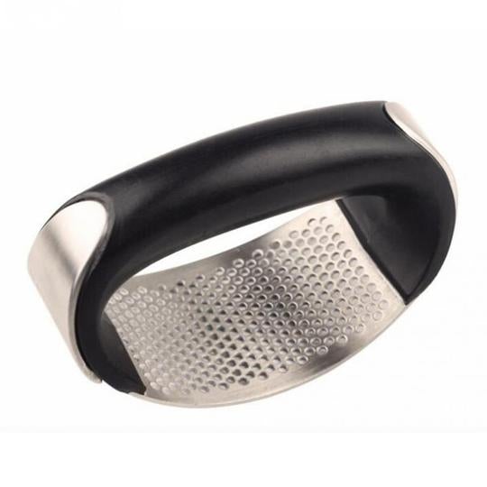 Stainless and black garlic press with perforated metal plate